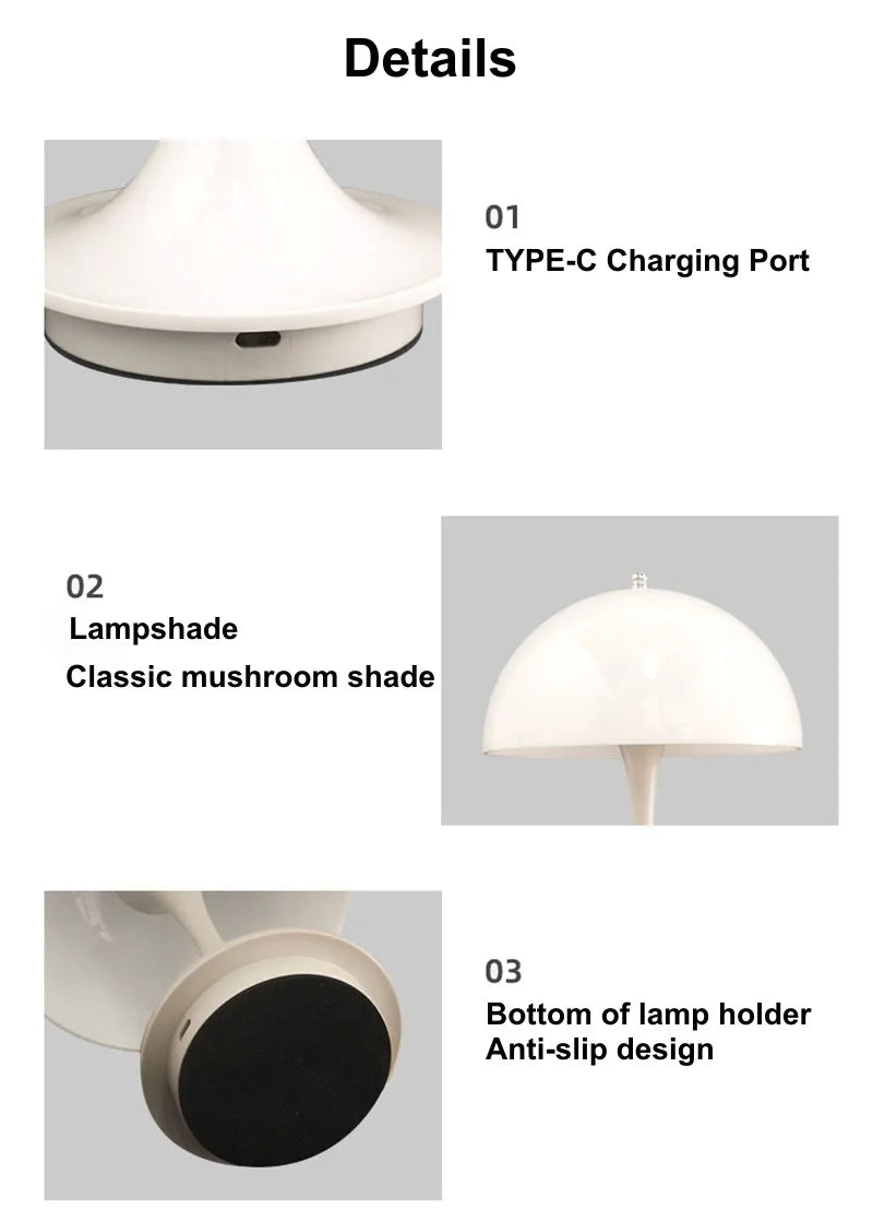 Wireless Small Mushroom LED Table Lamp Portable USB Charging Touch Night Light for Bedside Hotel Bar Coffee Decorative